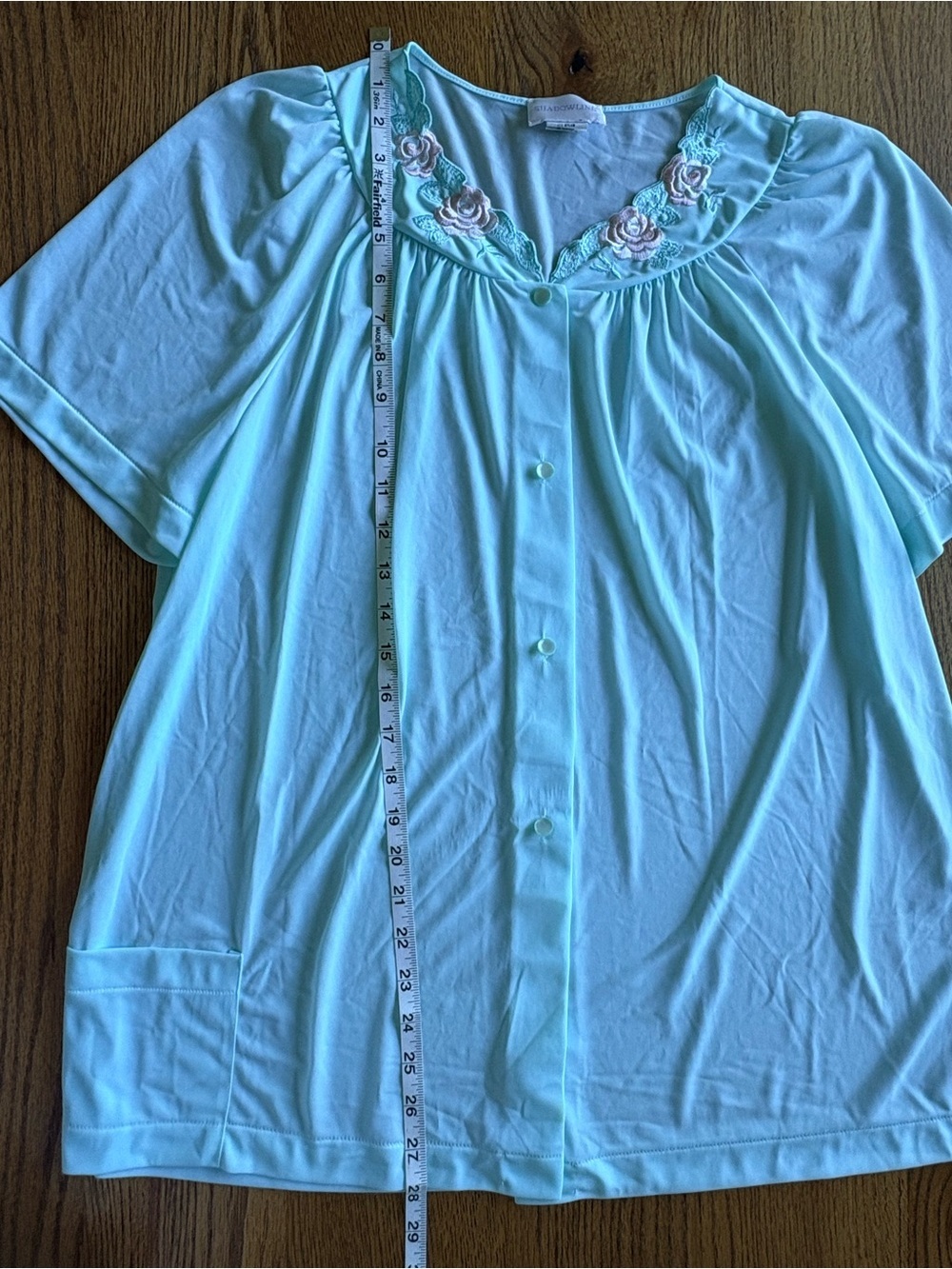 Shadowline Women's 38 Short-Sleeve Two-Piece Sleep Set with Floral Trim- Seafoam - Picture 13 of 16